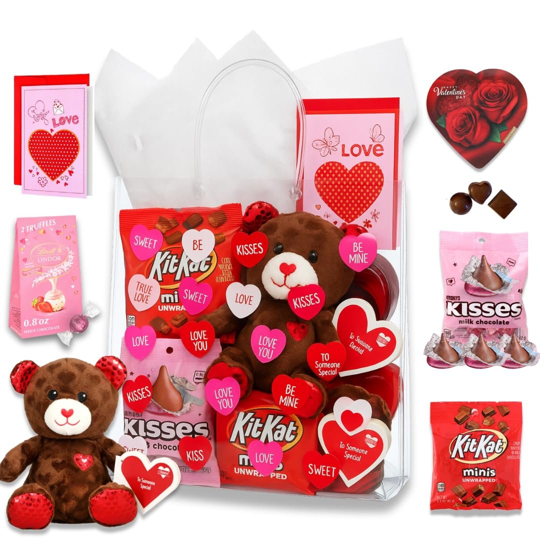 Valentine’s Day Package with Teddy Bear & Chocolate – Romantic Candy Gift Set for Her or Him, Valentine Day Gift Basket with Sweets, V-Day Heart Bag & Greeting Card Included