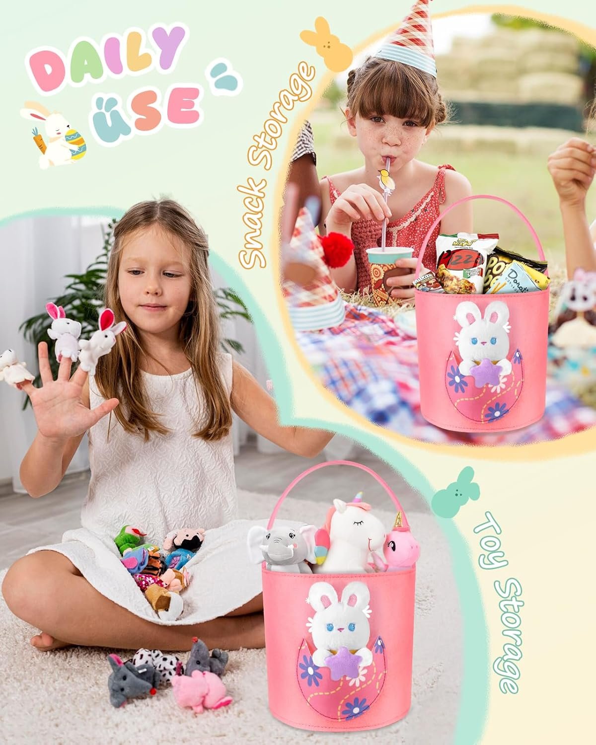 Swooflia Cute Bunny Easter Basket for Kids - Personalized Large Felt Bags Includes One Small Plush Doll My First Tote Bucket Name Tag Easter Egg Hunts, Gift for Girls Boys Toddler Baby - Image 6