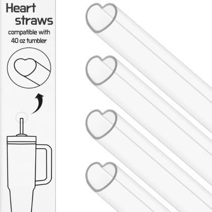 12 Inch Reusable Plastic Heart Straws for Stanley Cup 40 oz & 30 oz Tumbler Accessories Cute Clear Extra Long Replacement straw 4-Pack with brush Valentines Galentines day Gifts