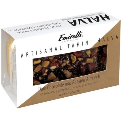Emirelli Artisanal Halva Dessert – Authentic Middle Eastern Candy Turkish Sweets – Vegan Candy 55%-Tahini Halwa - Halvah Traditional International Sweets - Dark Chocolate Roasted Almonds Flavor