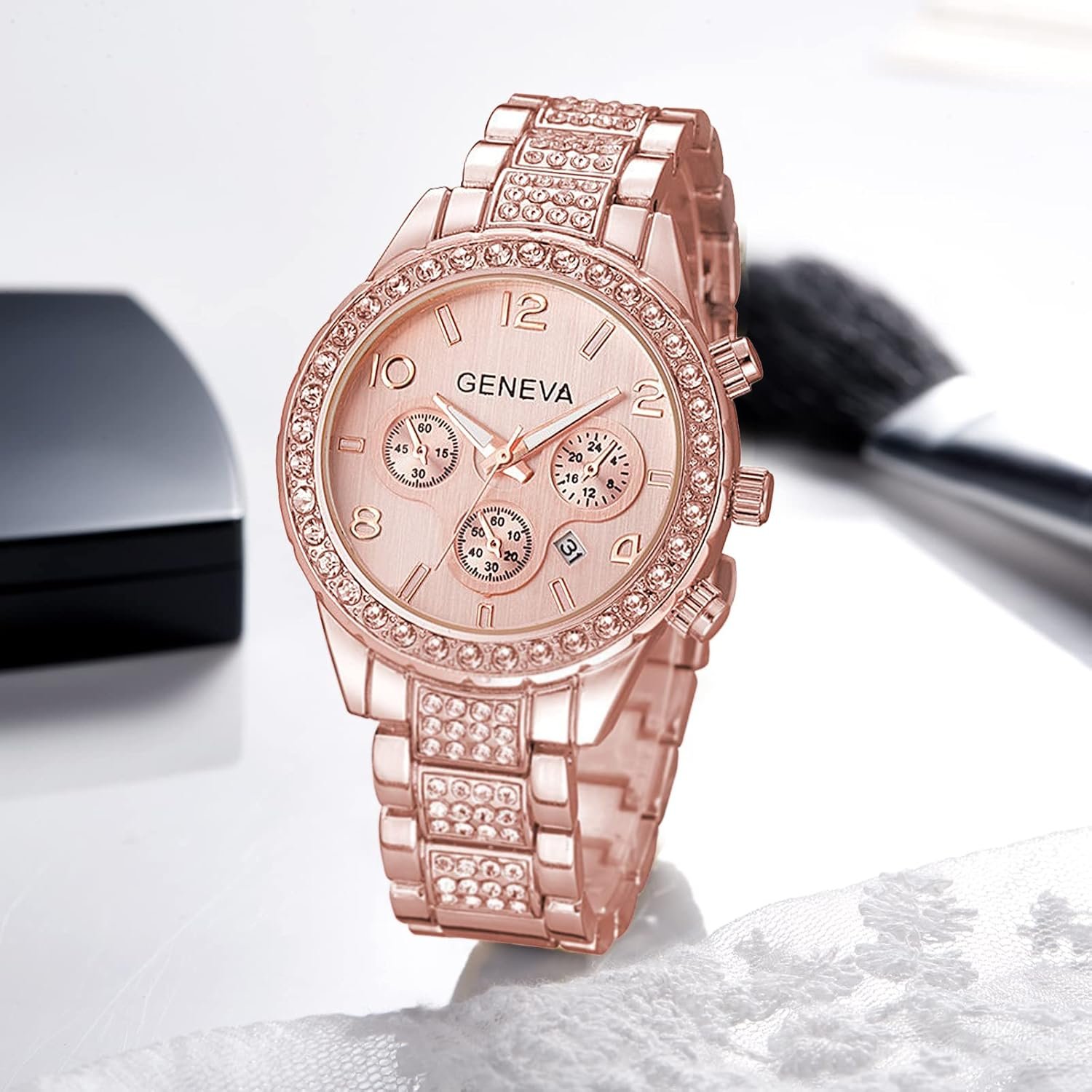 Luxury Unisex Crystal Diamond Watches Quartz Digital Calendar Rose Gold Silver Stainless Steel Watch - Image 2