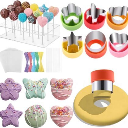 100 Sets Cake Pop Maker Kit with 6 Mold Sets with 1 Pop Stand, 100 Lollipop Sticks, 100 Bag and 100 Colorful Twist Ties for Cake Pops, Lollipops, Hard Candy, and Chocolate