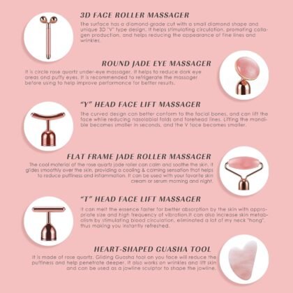 7pcs Facial Jade Roller and Gua Sha Kit, 100% Natural Jade Stone Face Massager for Skin Tightening, Dark Circles, Skin Rejuvenation, Wrinkle Remover, Men and Women Massage Tool Gift Set
