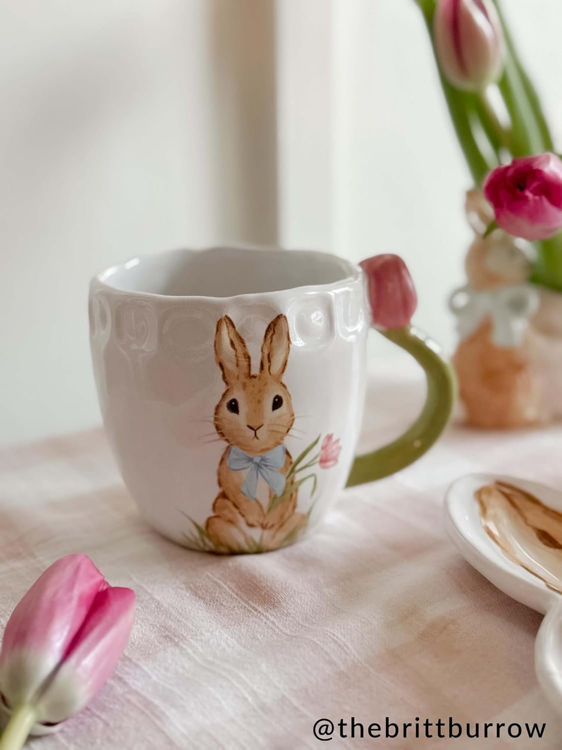 Mud Pie Stoneware Easter Bunny Mug with Figural Pink Tulip Handle - Image 3