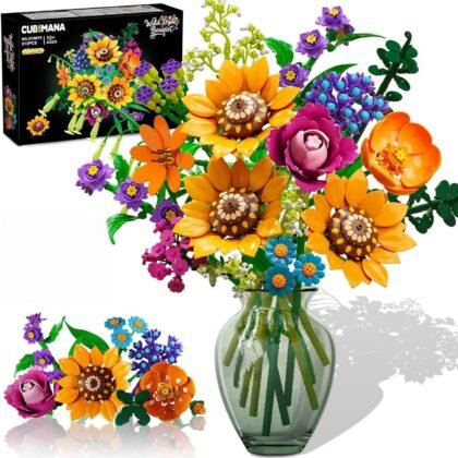 Wild Flowers Bouquet Building Set with Lights - 912PCS Wildflower 18 Botanicals Collection Building Blocks Sunflower Rose Plants Home Decor Easter Gift for Her Mom Women Adults Girls 12+