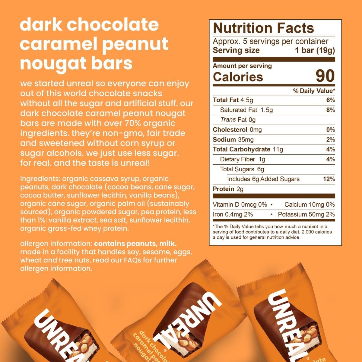 UNREAL Dark Chocolate Caramel Peanut Nougat Bars (1 Bag), 70% Organic Ingredients, Fair Trade, Non-GMO, No Corn Syrup, Sugar Alcohols, Soy, 3.4oz - Image 2