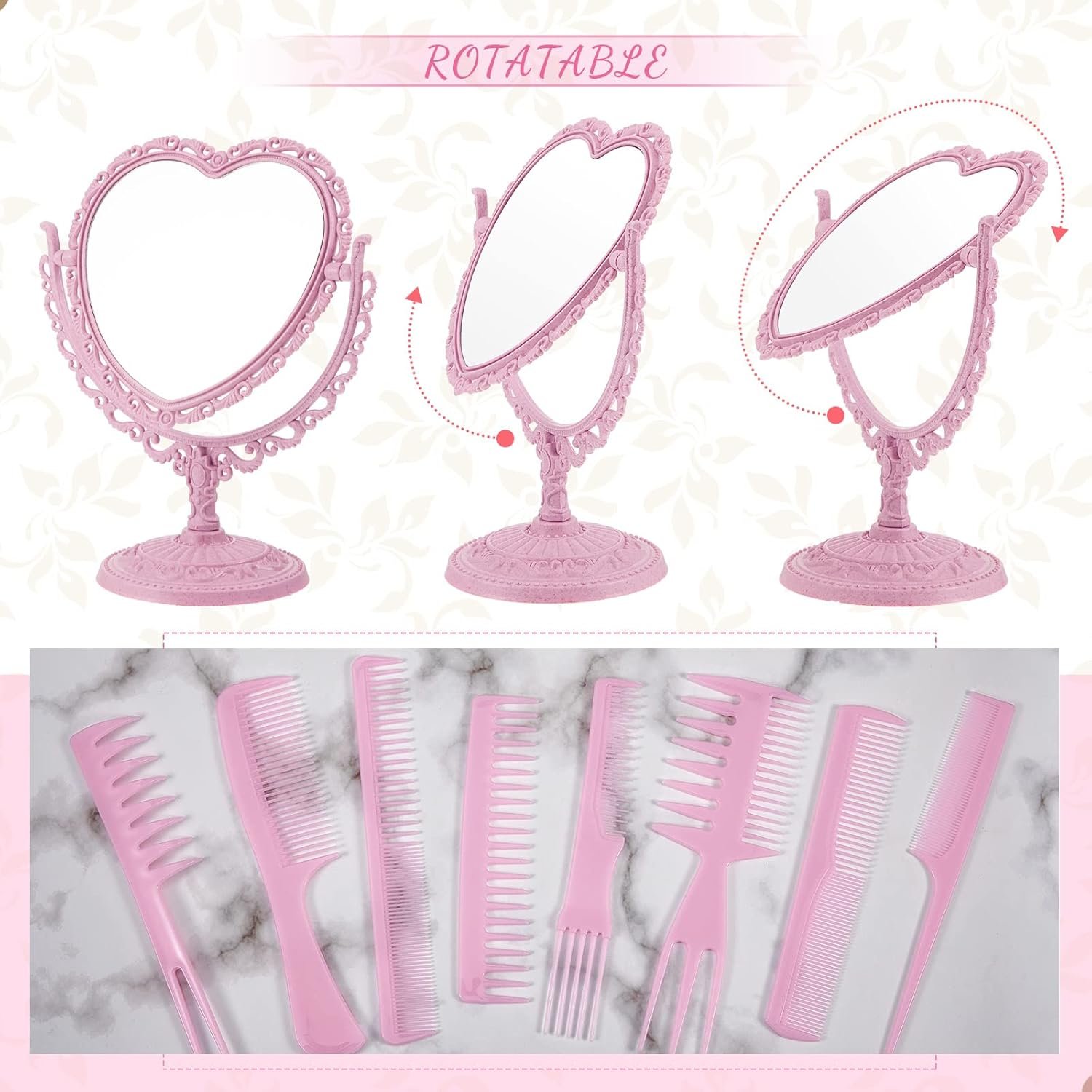 CHENGU Heart Shaped Mirror 8 Pieces Hair Styling Combs Double Sided Rotatable Dresser Heart Mirror Makeup Gifts for Girls Gift Vanity Tabletop(Pink) - Image 3