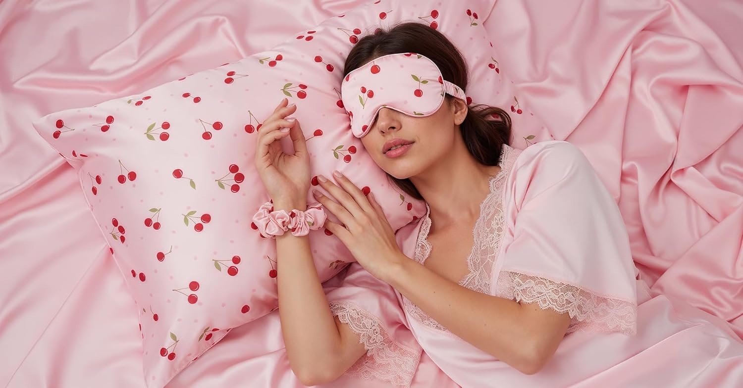 Slumber Satin Beauty Sleep Set, Cherry, 3-Piece Set with Pillowcase, Eye Mask, and Scrunchie - Image 3