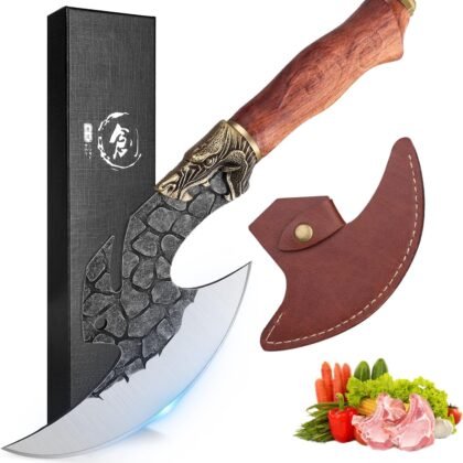 ROCOCO Viking Cleaver Knife Butcher Meat Cutting Boning Knife Hand Forged Chinese Kitchen Axe with Sheath Home Outdoor BBQ Camping Chirstmas Birthday Mother Father Gift Men