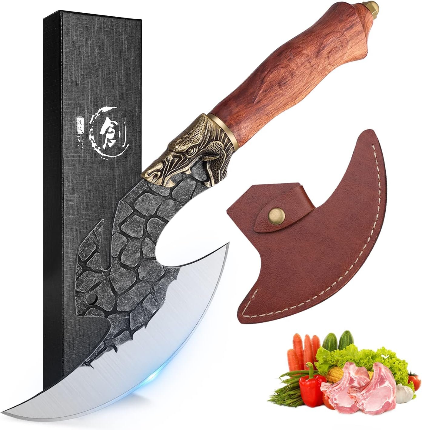 ROCOCO Viking Cleaver Knife Butcher Meat Cutting Boning Knife Hand Forged Chinese Kitchen Axe with Sheath Home Outdoor BBQ Camping Chirstmas Birthday Mother Father Gift Men