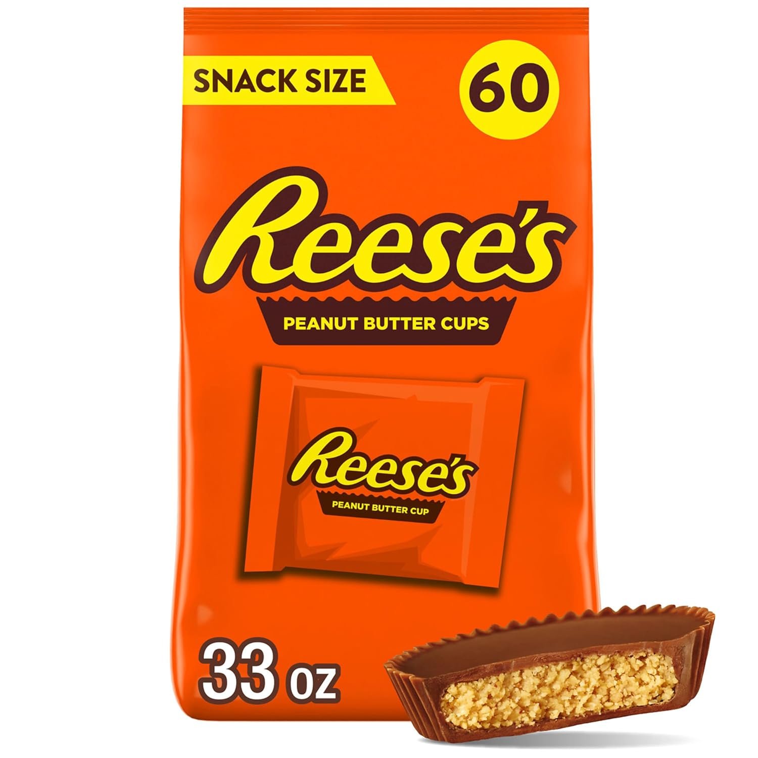 REESE'S Milk Chocolate Snack Size Peanut Butter Cups, Candy Bag, 33 oz (60 Pieces)