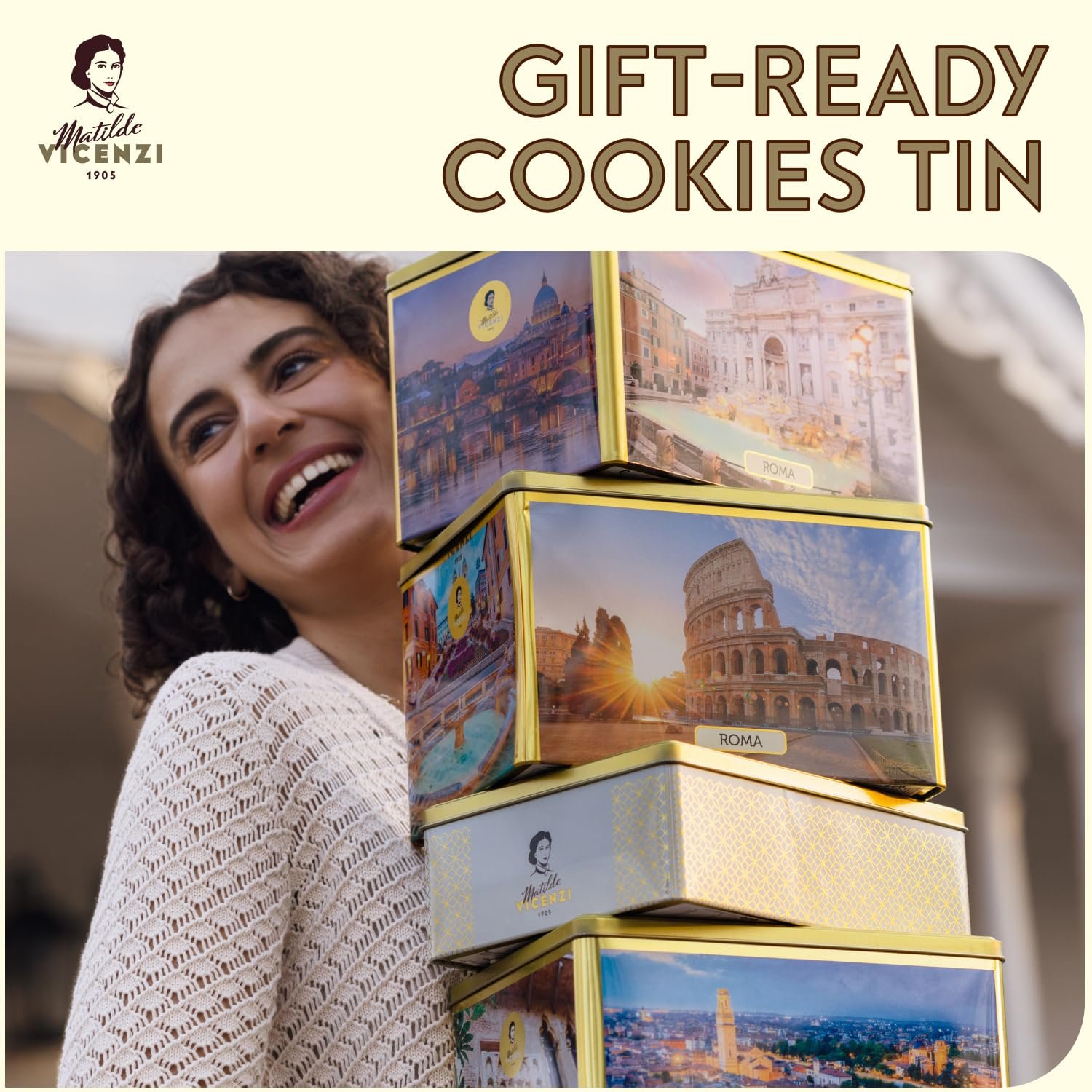 Matilde Vicenzi Roma Cookie Gift Tin - Italian Pastries & Cookies in Individually Wrapped Trays - Gourmet Gifts For Valentines, Easter, Birthday - Assorted Cookies in Italian Design Tin 32.5oz (920g) - Image 3