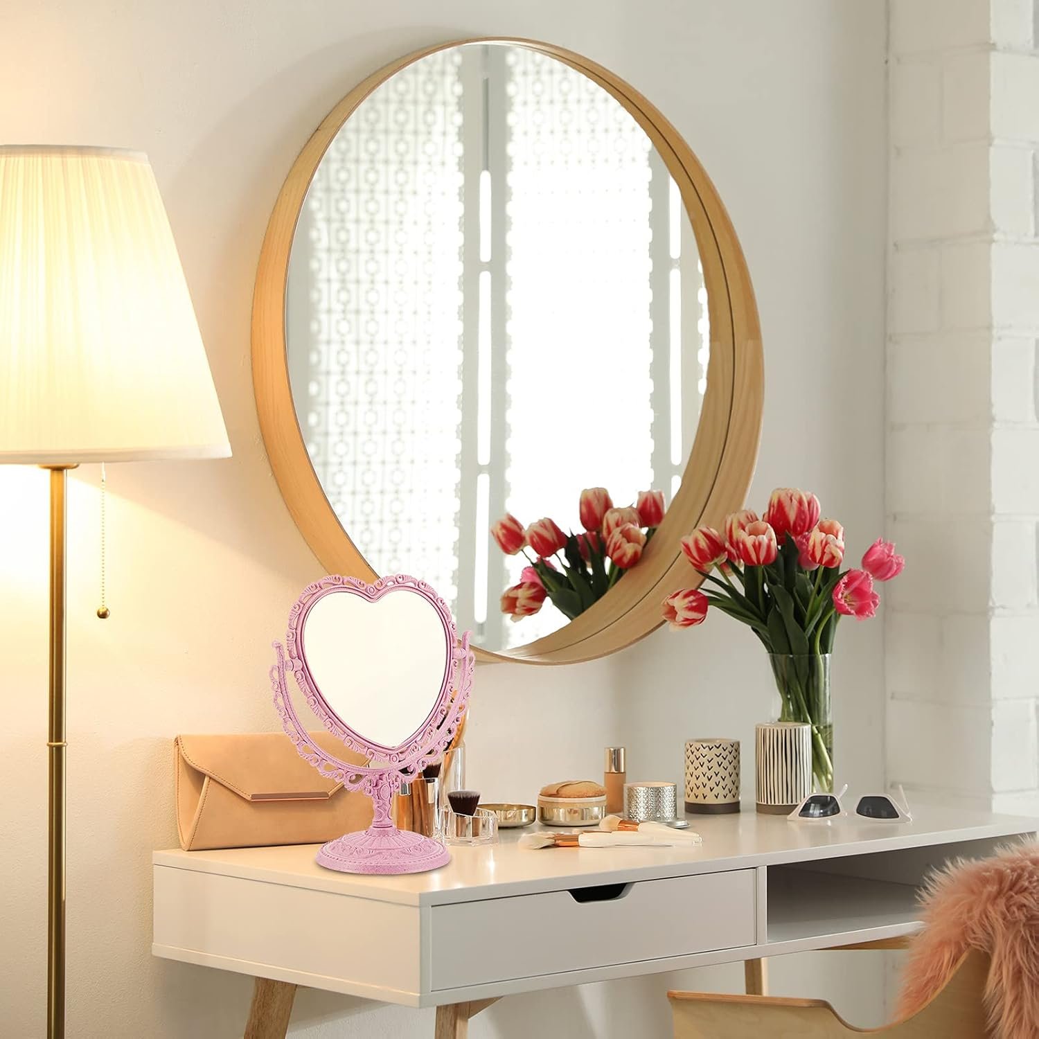 CHENGU Heart Shaped Mirror 8 Pieces Hair Styling Combs Double Sided Rotatable Dresser Heart Mirror Makeup Gifts for Girls Gift Vanity Tabletop(Pink) - Image 6