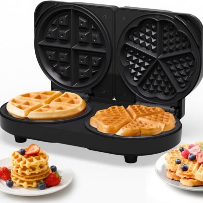 Sunvivi Dual Waffle Maker: Heart Waffle & Classic Waffle Iron with 2 Adjustable Temp Knobs, Nonstick Waffle Machine with Indicator Light, Easy to Clean, The best gifts for Her, Kids and Families