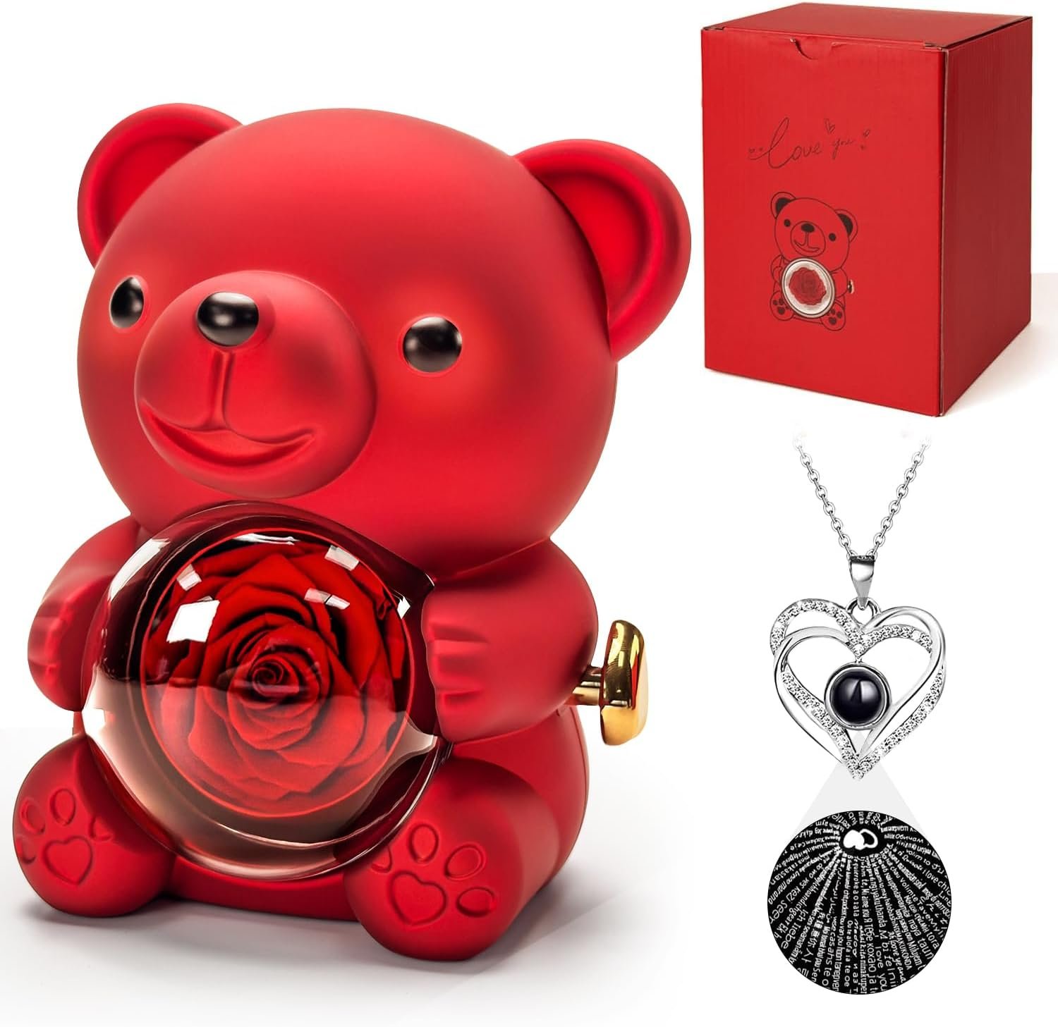HITOP Rose Gifts for Women - Cute Teddy Bear with Preserved Real Roses Forever Flowers and I Love You in 100 Languages Necklace for Girlfriend Her Wife Mom Grandma on Birthdays, Anniversaries