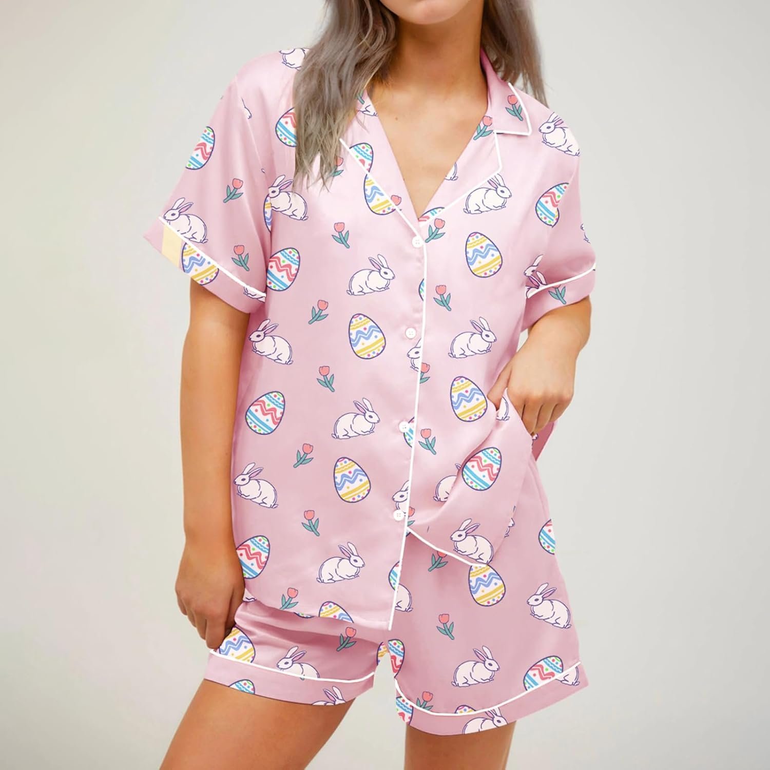 Women 2 Piece Pajama Sets Easter Egg Bunny Shorts Set Short Sleeve Button Shirt Shorts Two-Piece Holiday Outfit - Image 3