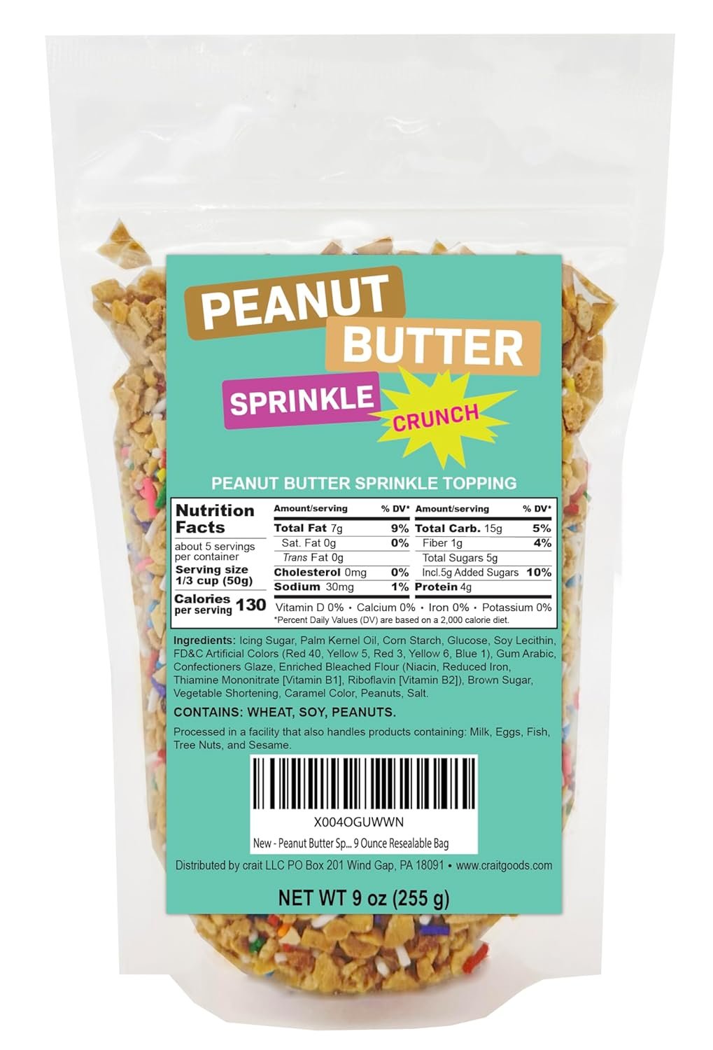 Peanut Butter Sprinkle Crunch Topping Crunch Coat Ice Cream Topping, Dessert Topping 9 Ounce Resealable Bag