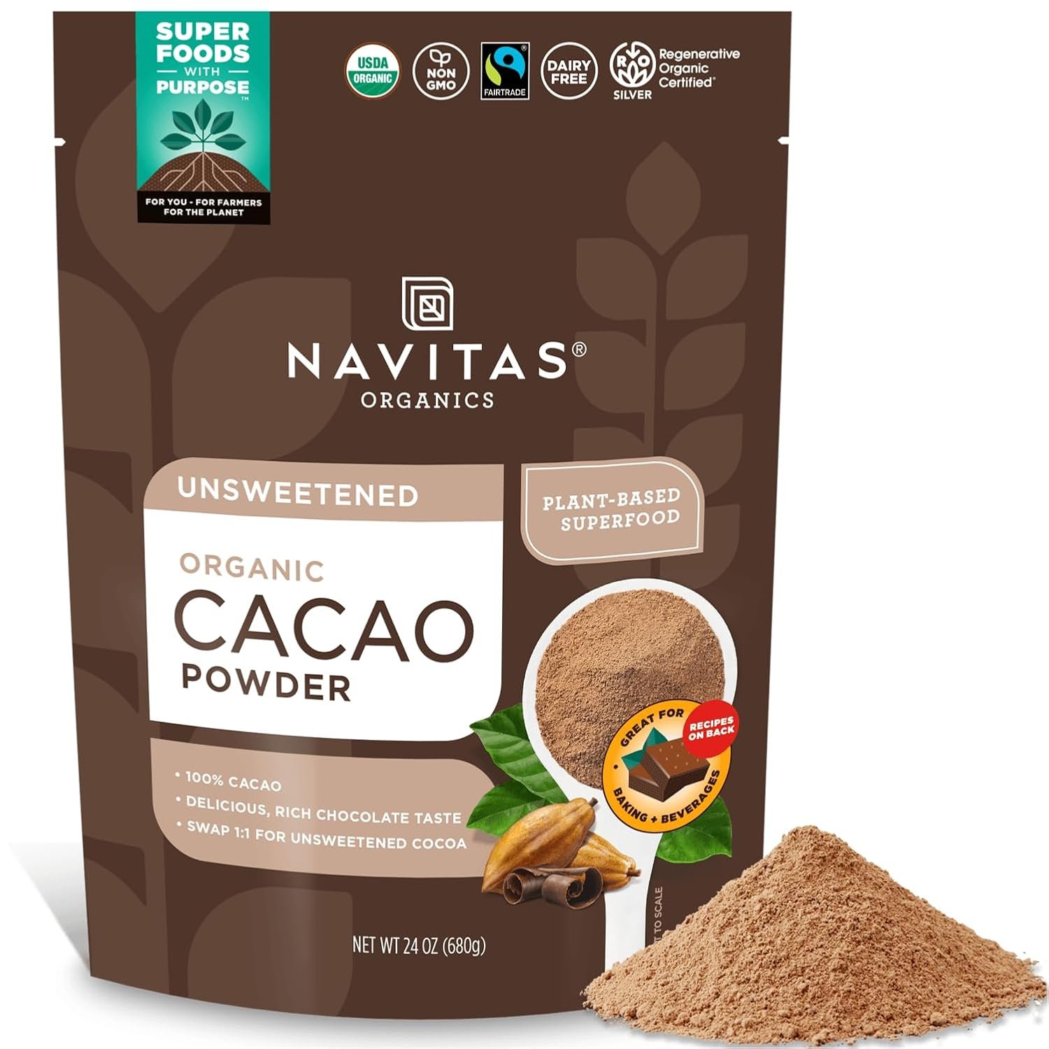 Navitas Organics Cacao Powder - Cocoa Powder Substitute 1:1, For Hot Chocolate, Baking & More - Regenerative Organic Certified, Non GMO, Fairtrade, Gluten Free, Non-alkalized (24oz. Bag, 113 Servings)