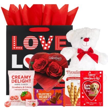 Valentines Day Gift Basket Set with Teddy (Red or White), Heart-Shaped Chocolates, Assorted Chocolates for Him or Her