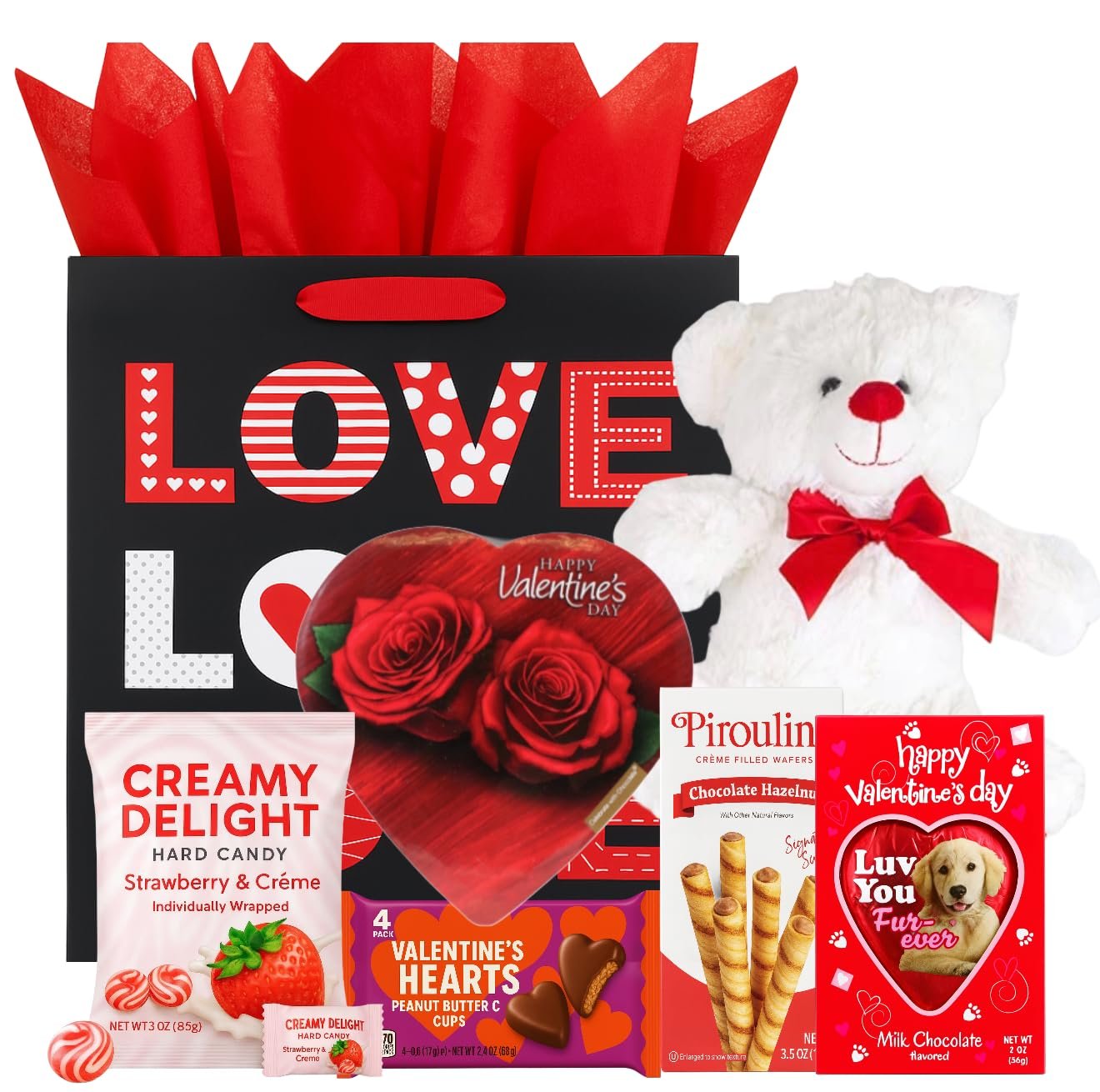 Valentines Day Gift Basket Set with Teddy (Red or White), Heart-Shaped Chocolates, Assorted Chocolates for Him or Her
