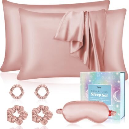 Satin Pillowcase Gift Set with Silk Satin Sleep Mask 4 Scrunchies, 2Pack Standard Size Pillow Cases Luxury Sleeping for Women Wife Birthday Valentines Day Gifts for Her Girlfriend