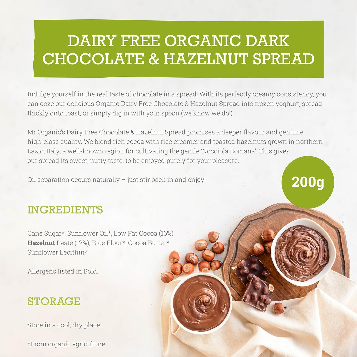 Mr Organic Dark Chocolate & Hazelnut Spread 200g - Pack of 6 - Image 3