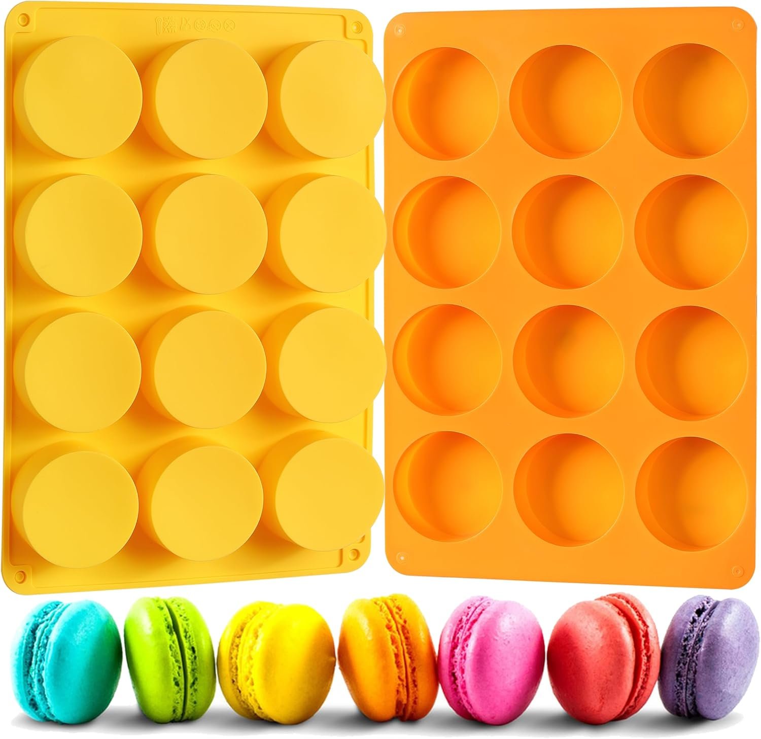 2 Pcs Oreo Chocolate Cookie Silicone Molds, 12-Cavity Round Silicone Mold, Baking Mold for Oreo, Chocolate, Cookie, Candy, Mini Cake, Jelly (Orange + Yellow)