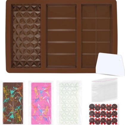 Chocolate Bar Molds Silicone Non Stick,0.8inch Deep Dubai Large Shapes Chocolate Stuffed Bar Mold Kit for Making Filling Thick Knafeh Pistachio Granola Candy With 100 Bags and 105 Stickers