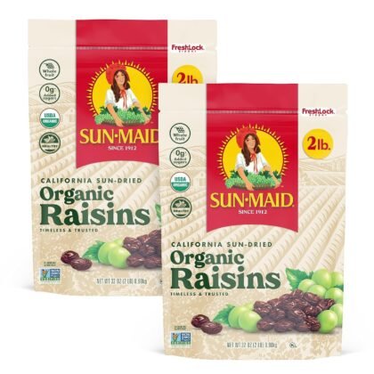 Sun-Maid Organic California Sun-Dried Raisins - (2 Pack) 32 oz Resealable Bag - Organic Dried Fruit Snack for Lunches, Snacks, and Natural Sweeteners