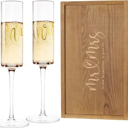 AW BRIDAL Mr and Mrs Champagne Flutes Set of 2, Engagement Bridal Shower Gifts for Couple Newlyweds, Wedding Anniversary Toasting Glasses with Wooden Box for Bride Groom