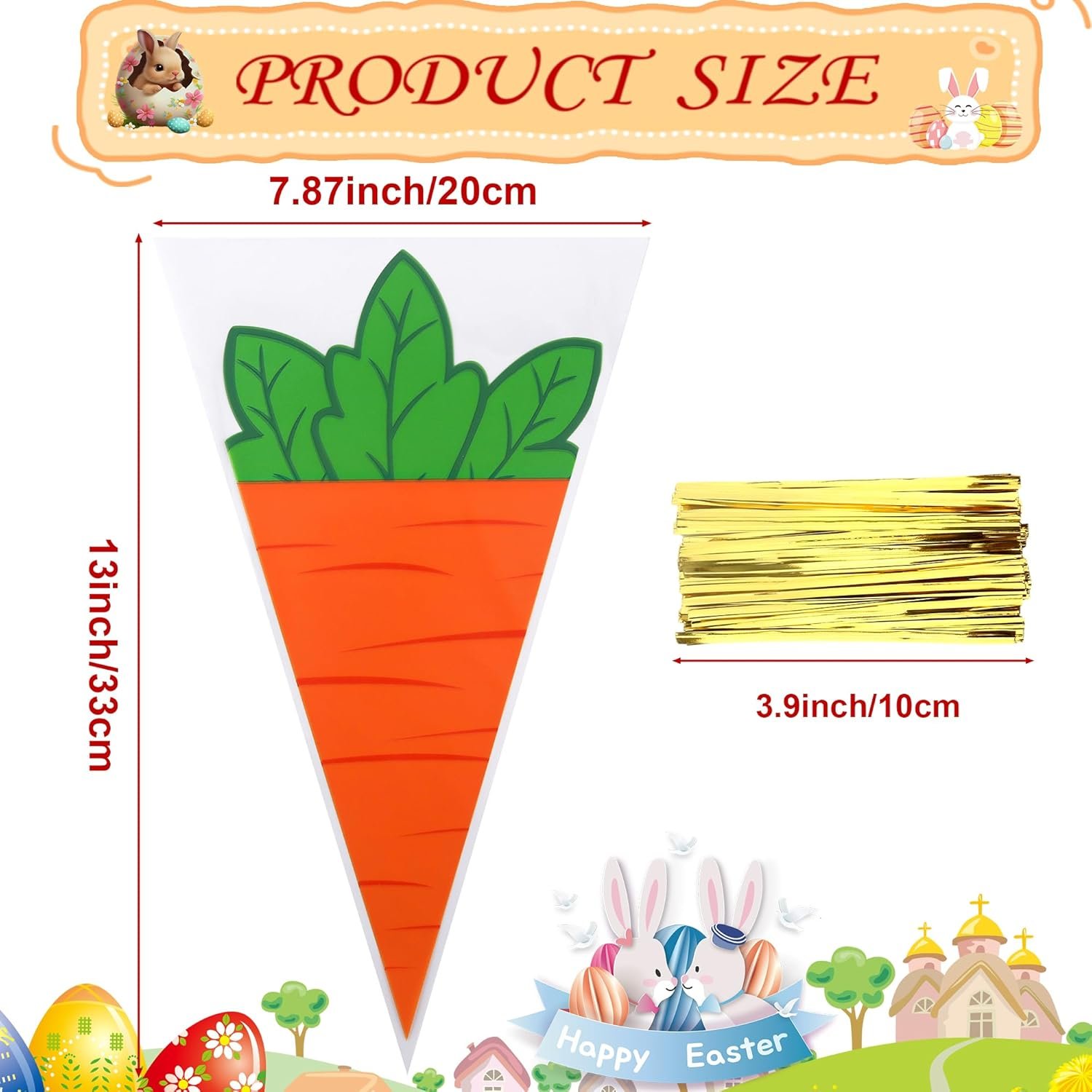 Easter Carrot Transparent Cone Cello Bags, Easter Treat Bags, Easter Goodie Bags, Cellophane Cone Shaped Candy Cookie Popcorn Snack Goody Bags with Twist Ties for Easter Party Favor Supplies, 50Pcs - Image 2