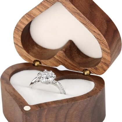 LETURE Wooden Heart Shape Ring Gift Box with Single Slot 2 Slot, Personalized Vintage Wood Jewelry Box for Proposal Engagement Wedding Ceremony Anniversary (White-1 Slot)