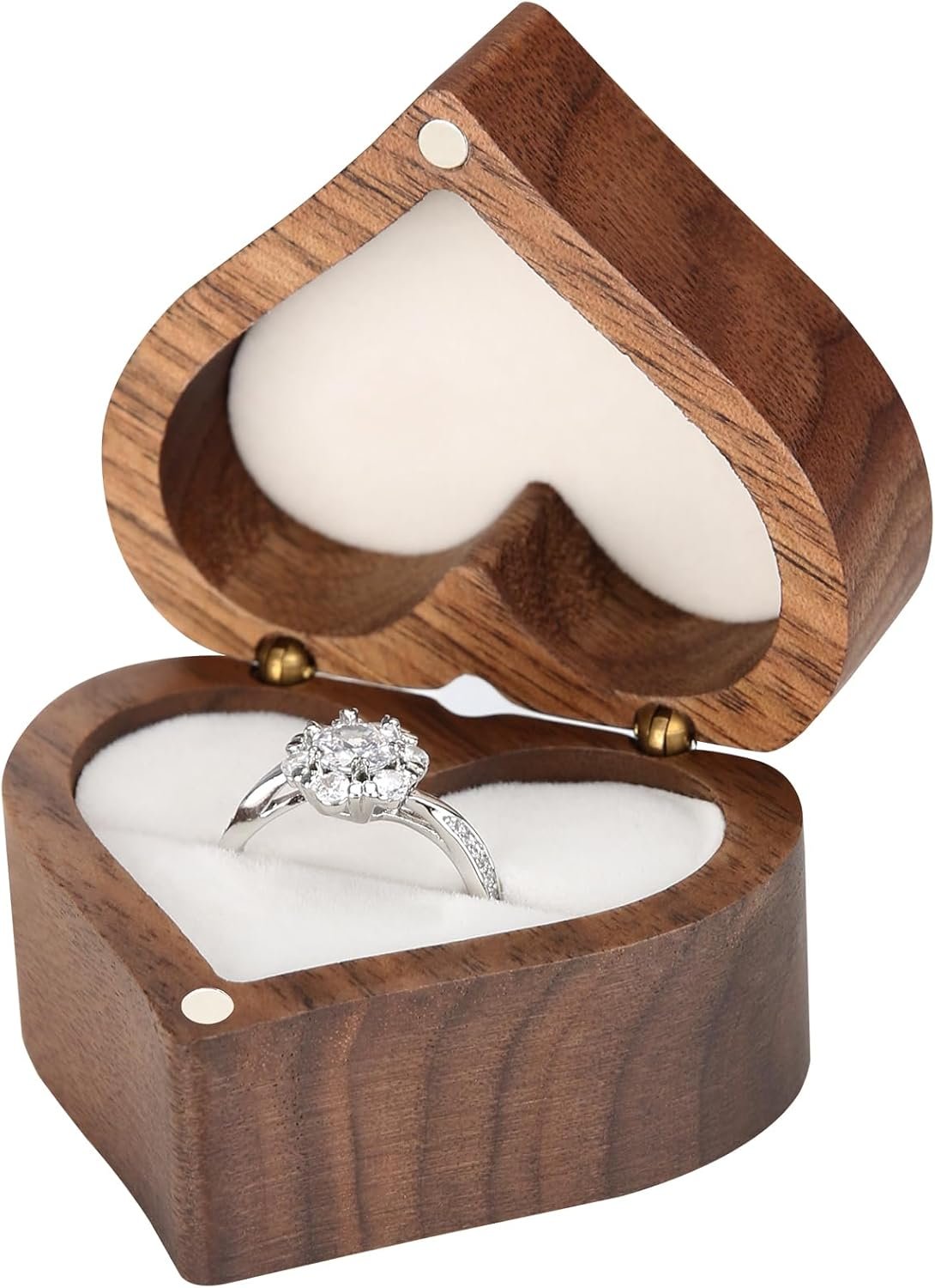 LETURE Wooden Heart Shape Ring Gift Box with Single Slot 2 Slot, Personalized Vintage Wood Jewelry Box for Proposal Engagement Wedding Ceremony Anniversary (White-1 Slot)