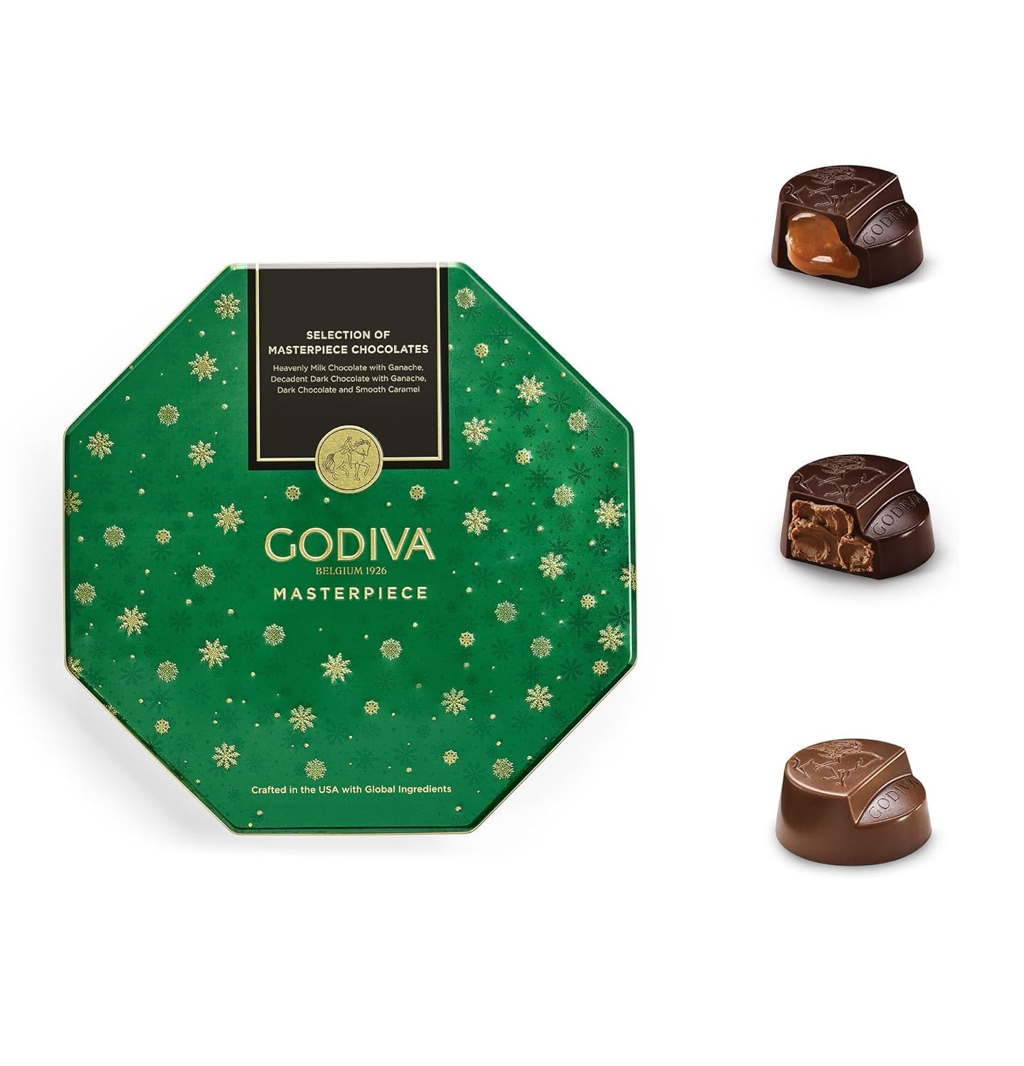 Godiva Holiday Masterpiece Gift Tin, Assorted Milk & Dark Chocolates with Ganache and Caramel, Gourmet Christmas Gift, Kosher & Halal, 50 Pc - Image 2
