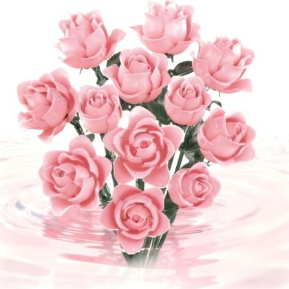 Pink Rose Bouquet Building Set, Compatible with Lego Flowers for Adults - Botanical Collection Gift for Valentines - Artificial Home Retro Decor