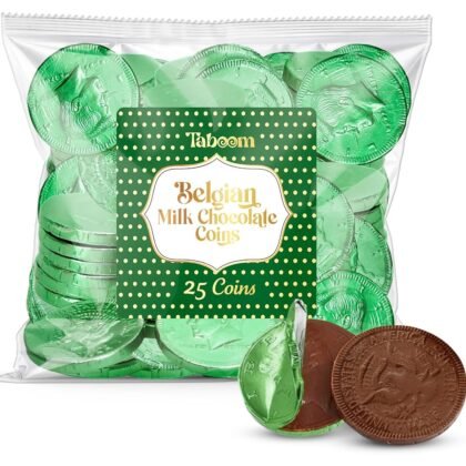 Belgian Green Chocolate Coins - 25 Foil Wrapped St. Patrick's Day Milk Chocolate Candy Coins For Treasure Hunt, Party Favors, Gift Bags & Treats