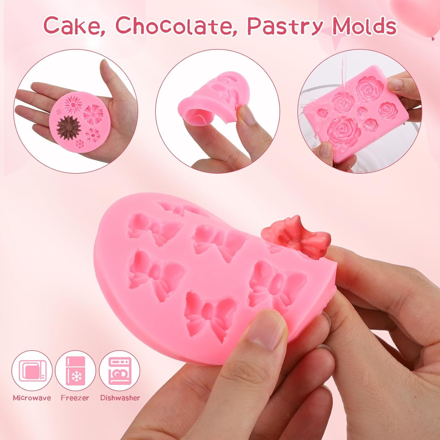Pimoys 4 Pcs Flower&Bow Molds for Chocolate, Flower Chocolate Molds Silicone Cake Mold Bow Candy Mold Silicone for Wax Melts Birthday Cake Decoration Easter Gifts for Women - Image 3