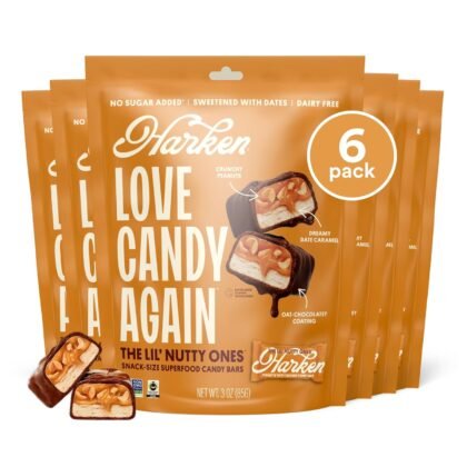 Harken Sweets The Lil’ Nutty Ones, Mini Oat Milk Chocolate Candy Bars with Peanuts, Sweetened with Dates, No Sugar Added, High Fiber Snack, Gluten-Free, Plant-Based, 6 Pouches (30 Bars)