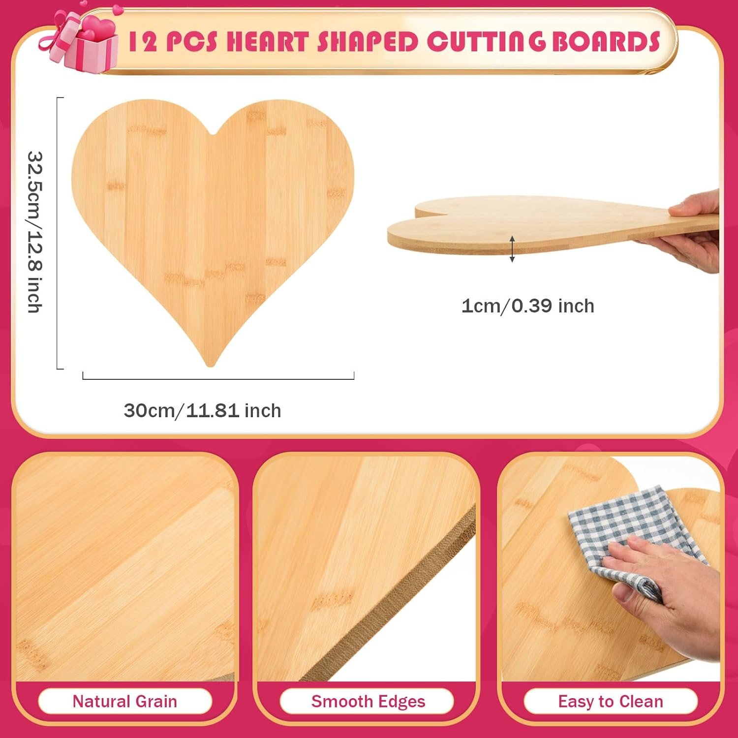 AWIZOM 12 Pack Heart Shaped Cutting Boards Valentine's Wood Charcuterie Board Bamboo Serving Bread Cheese Trays Platter Laser Engraving Board for Wedding Housewarming Present,12.8x11.81x0.39 Inch - Image 2