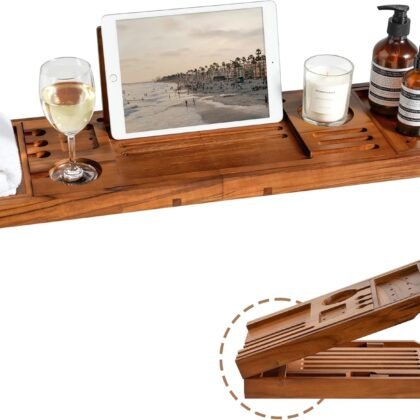 Teak Bathtub Tray | Adjustable Width Tray with Wine Holder, Tablet/Phone & Book Stand, Splash-Proof for Bath Time- Natural