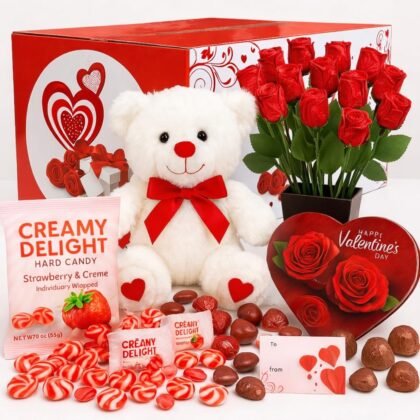 Valentines Day Gift Box with (Red or White) Beaer Belgian Chocolates Roses, Strawberry Creamy Delight Hard Candy and Chocolate Assortment, Romantic Gift for Her or Him