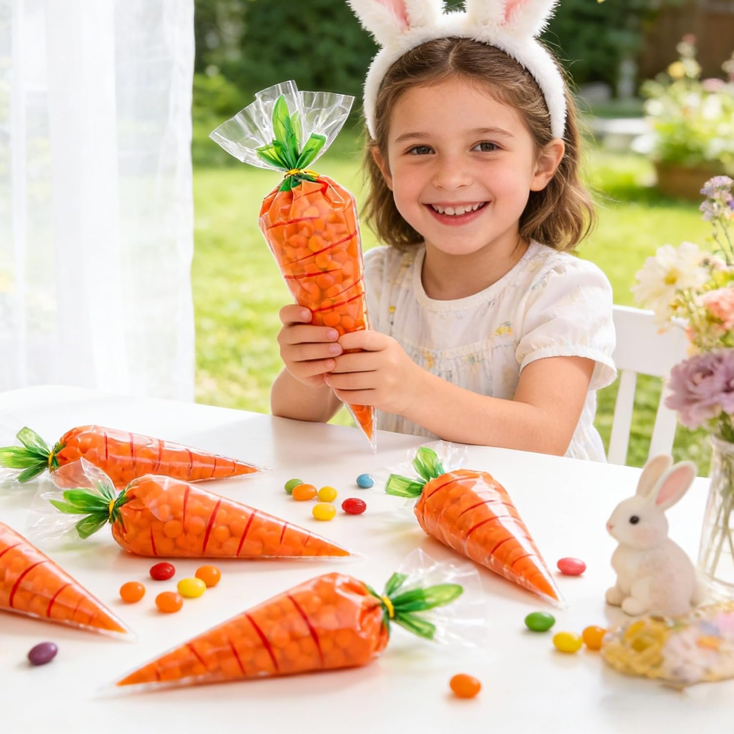 Easter Carrot Transparent Cone Cello Bags, Easter Treat Bags, Easter Goodie Bags, Cellophane Cone Shaped Candy Cookie Popcorn Snack Goody Bags with Twist Ties for Easter Party Favor Supplies, 50Pcs - Image 6