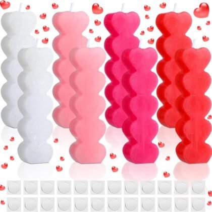 Jutom 8 Pcs Valentine's Day Heart Candle Burning Heart Shaped White Pink Red Romantic Soy Pillar Candles Delicate Valentine Gift for Wedding Birthday Spa Home Decor, 4 Colors