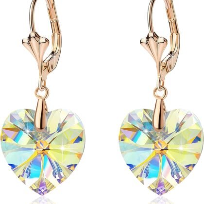 Austrian Crystal Heart Drop Leverback Earrings for Women Fashion Dangle Earring 14K Rose Gold Plated Hypoallergenic Jewelry