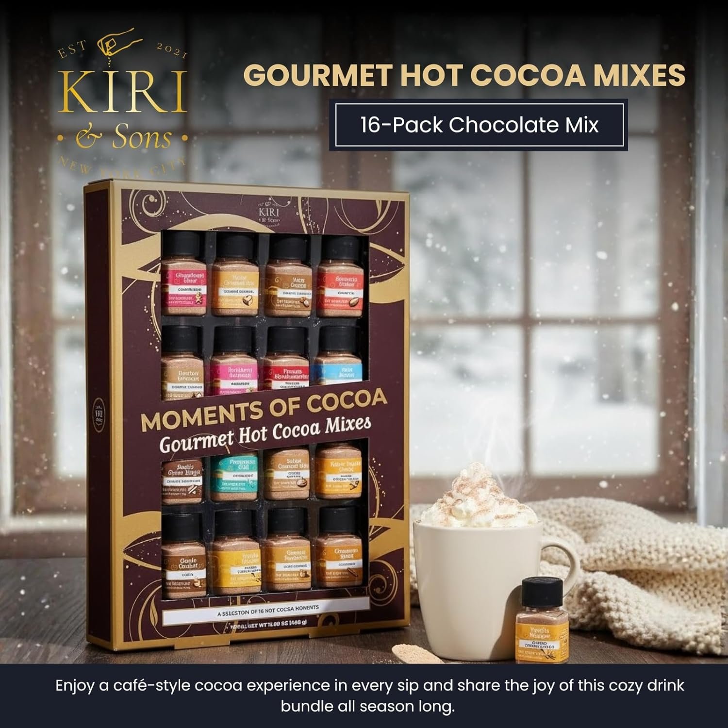 Hot Chocolate Mix Gift Set 16-Pack - Ultimate Gourmet Hot Cocoa Sampler Box with Caramel, Vanilla, Peppermint, Toasted Marshmallow & Double Chocolate - Luxury Winter Beverage Variety Kit for Gifting - Image 2