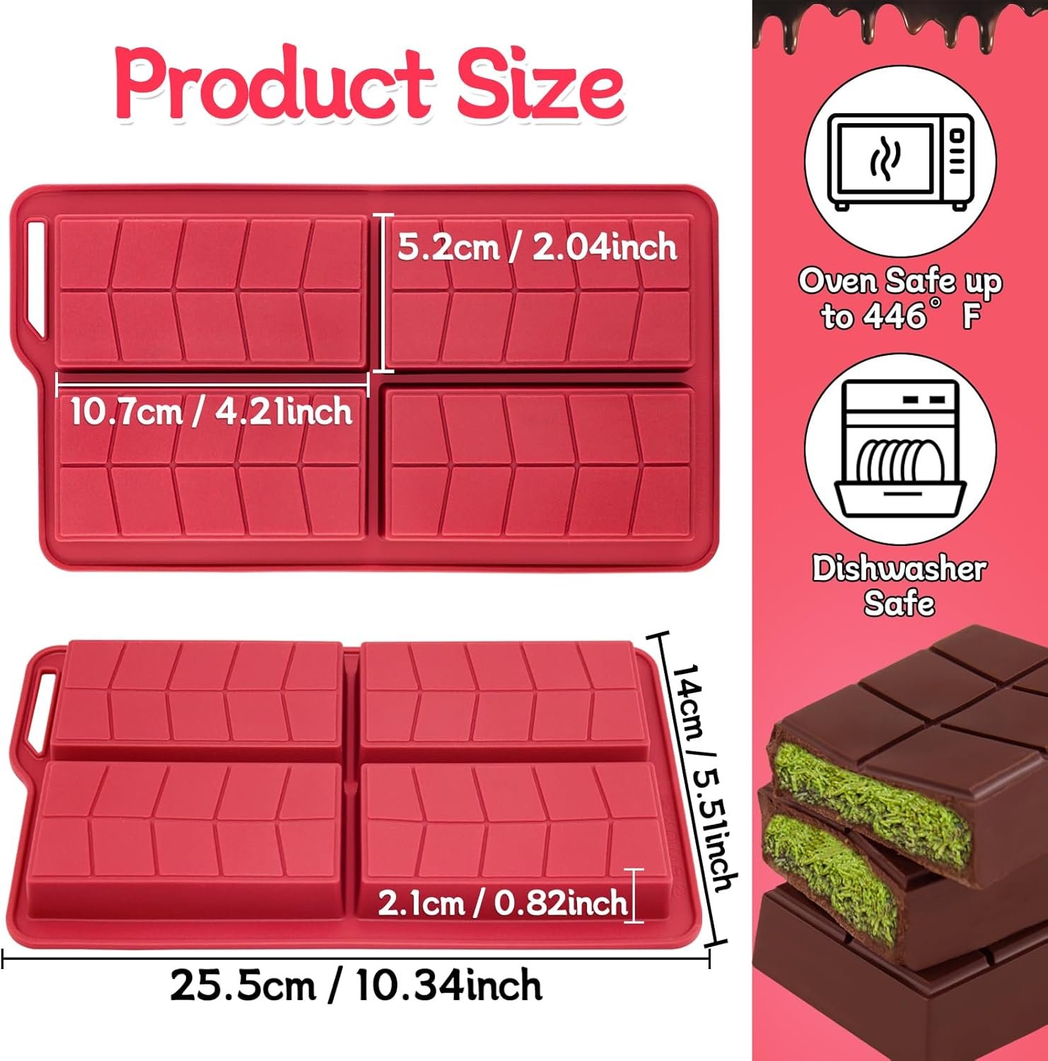 Chocolate Bar Mold 0.82inch Deep 2 Pack,Thick Dubai Stuffed Pistachio Silicone Molds Kit for Making Shapes Filling Candy Granola Bar and Pastry - Image 2