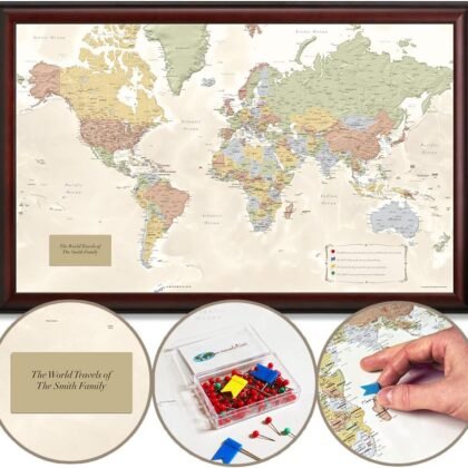 Map Your Travels Deluxe Push Pin World Map | Premium Wood Frame | Personalized Gift Map | Handmade in Minnesota | 33" x 21"