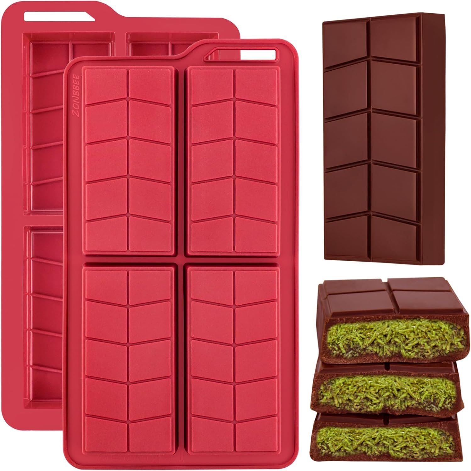 Chocolate Bar Mold 0.82inch Deep 2 Pack,Thick Dubai Stuffed Pistachio Silicone Molds Kit for Making Shapes Filling Candy Granola Bar and Pastry