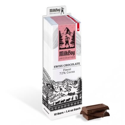Milkboy Swiss Chocolates Gourmet Dark Chocolate Bar - 72% Chocolate Made in Switzerland, Kosher. Vegan Gluten Free, Dairy Free Swiss Chocolate Bars, Sustainably Farmed Cocoa Bars - 1.4 oz, 10 Pack