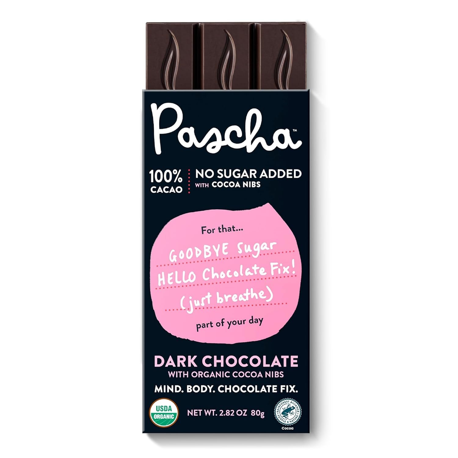 Pascha Organic No Added Sugar 100% Cacao With Cocoa Nibs Chocolate Bars, UTZ, Gluten Free, Non GMO, Pack of 5
